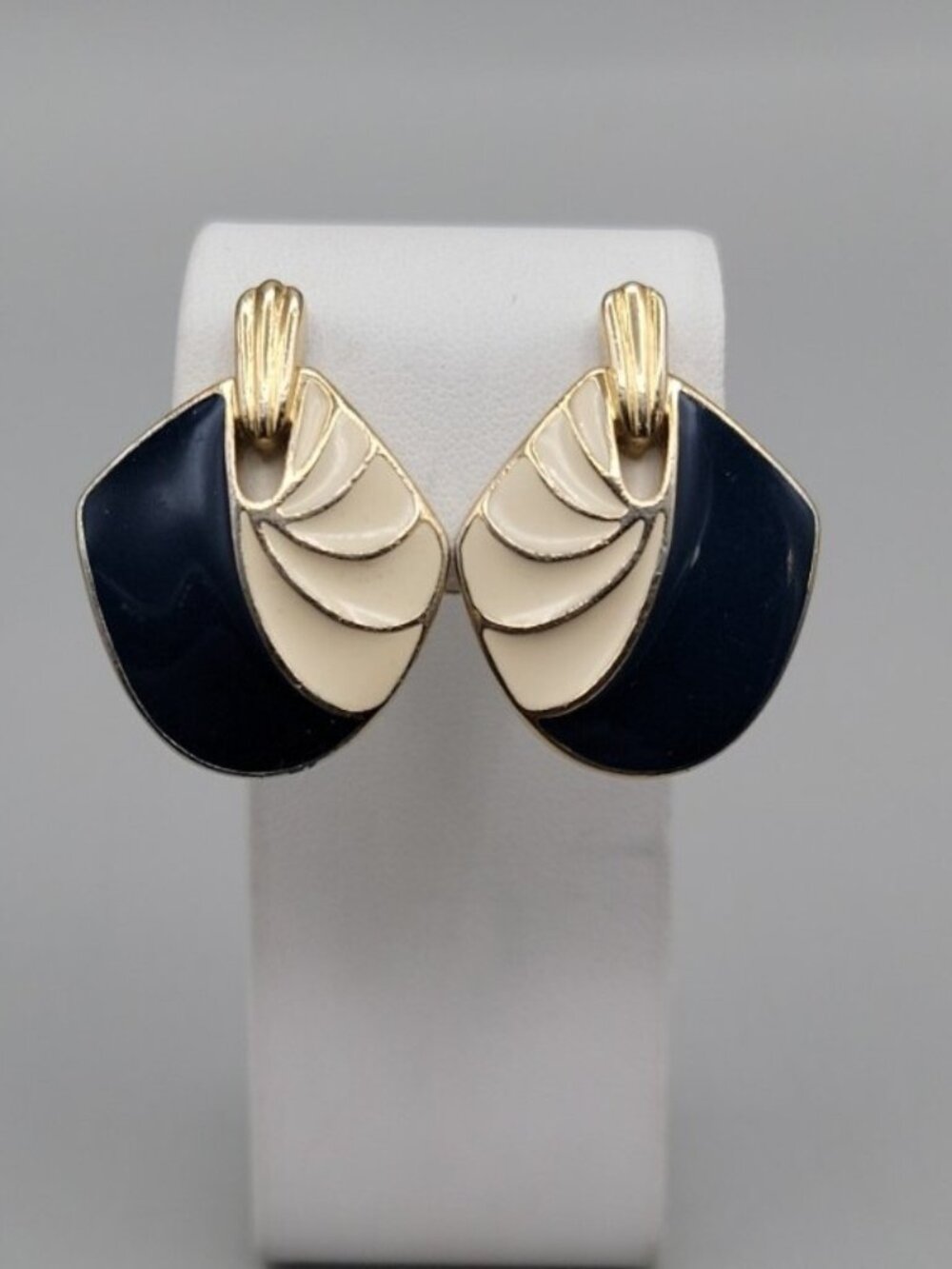 Trifari Clip-On Earrings Navy & Creme Enamel Vintage